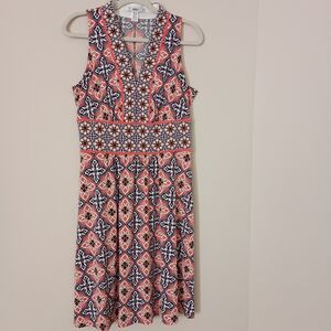 Wisp Geometric Tile Floral  Print Sleeveless Dress‎ Orange Navy Womens Size 10